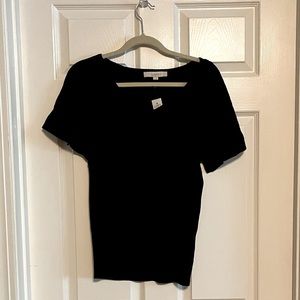 NWT LOFT V-Neck Ribbed Black Shirt with Crepe Flutter Short Sleeves